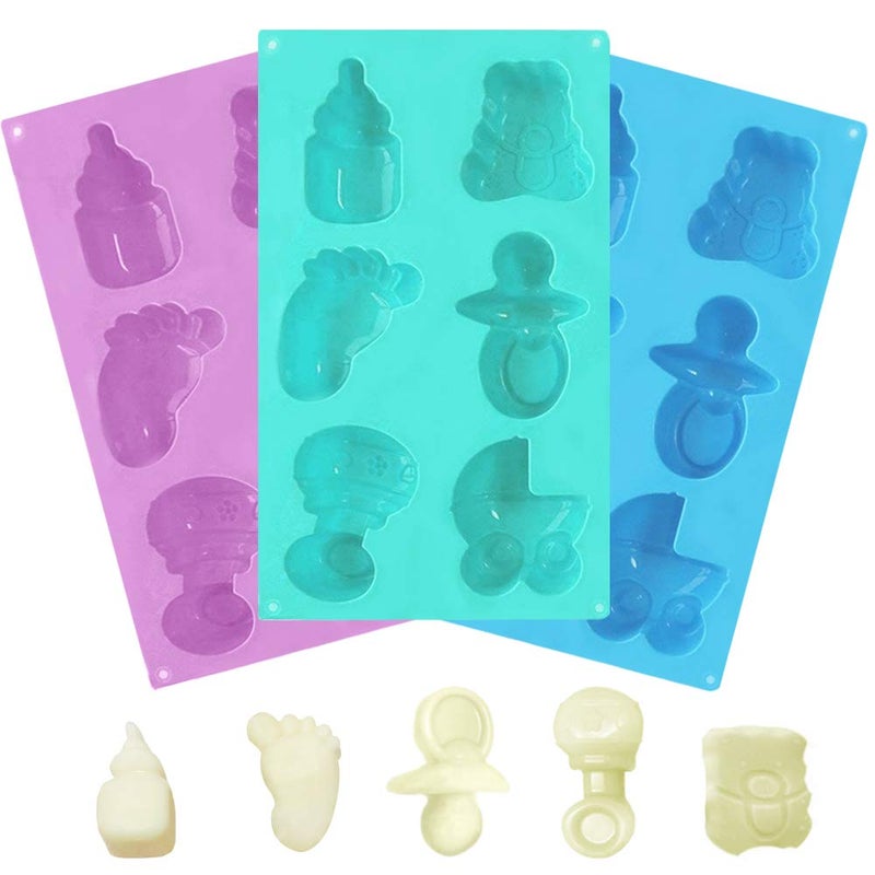 DanziX 3 Pack Baby Shower Soap Silicone Mold, DanziX Baby Carriage Feeding Bottle Little Feet Bear Pacifier Silicone Fondant Mold for Sugarcraft,Cake Decoration,Chocolate-Purple,Blue,Green - Image 2